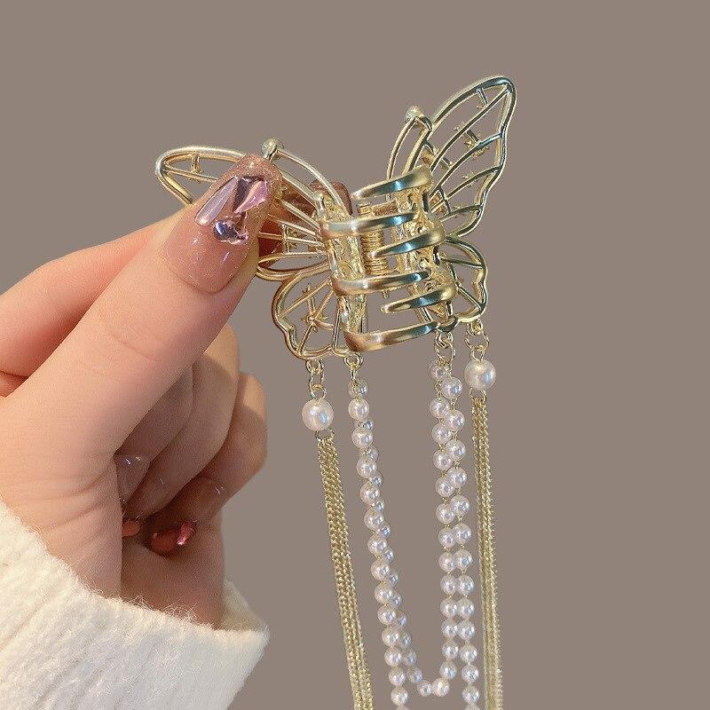 Trend Full Rhinestone Hollowed Out Butterfly Hair Clips Retro Pearl Tassel Ribbon Hair Claws Hairpins For Women Hair Accessories