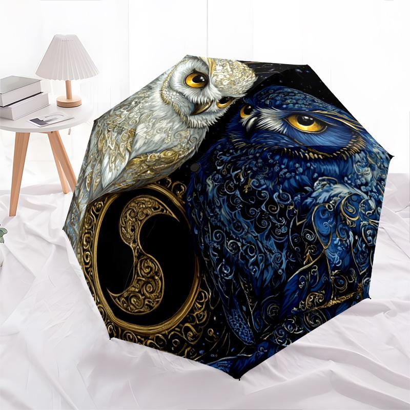 Two Owls pattern, automatic folding umbrella, portable and foldable design, 8 ribs, a Christmas or birthday gift.