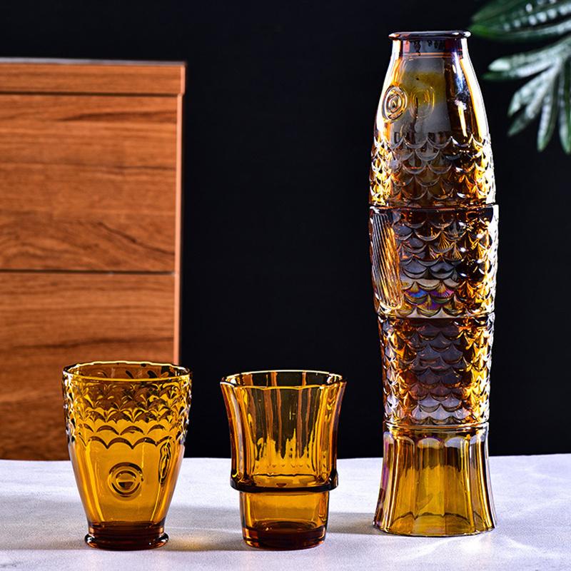 Vintage Relief Koi Fish-shaped Water Glass Set 4 Pieces Of Household Living Room Beverage Glass Set Whiskey Glass Red Wine Glass