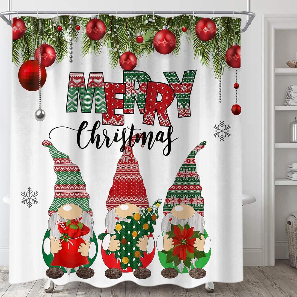 Christmas Gnomes Shower Curtain, Xmas Holiday Cute Gnome Fabric Shower Curtains Set for Bathroom Decoration with Hooks Merry