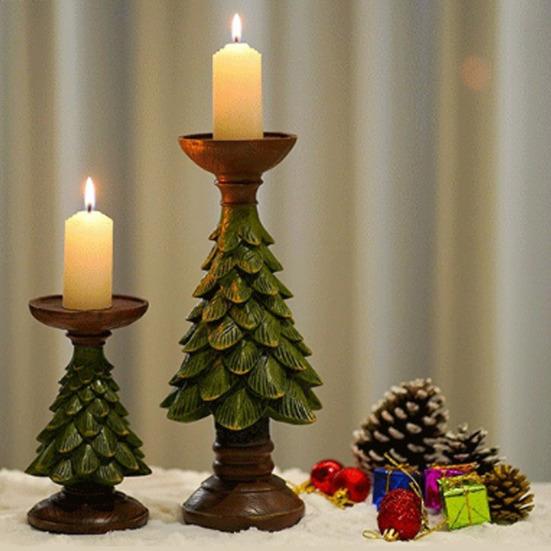 Yousheng Christmas Tree Candle Holders Vintage Resin Christmas Tree Figurine Pillar Candle Stand for Home Mantel Fireplace Decor