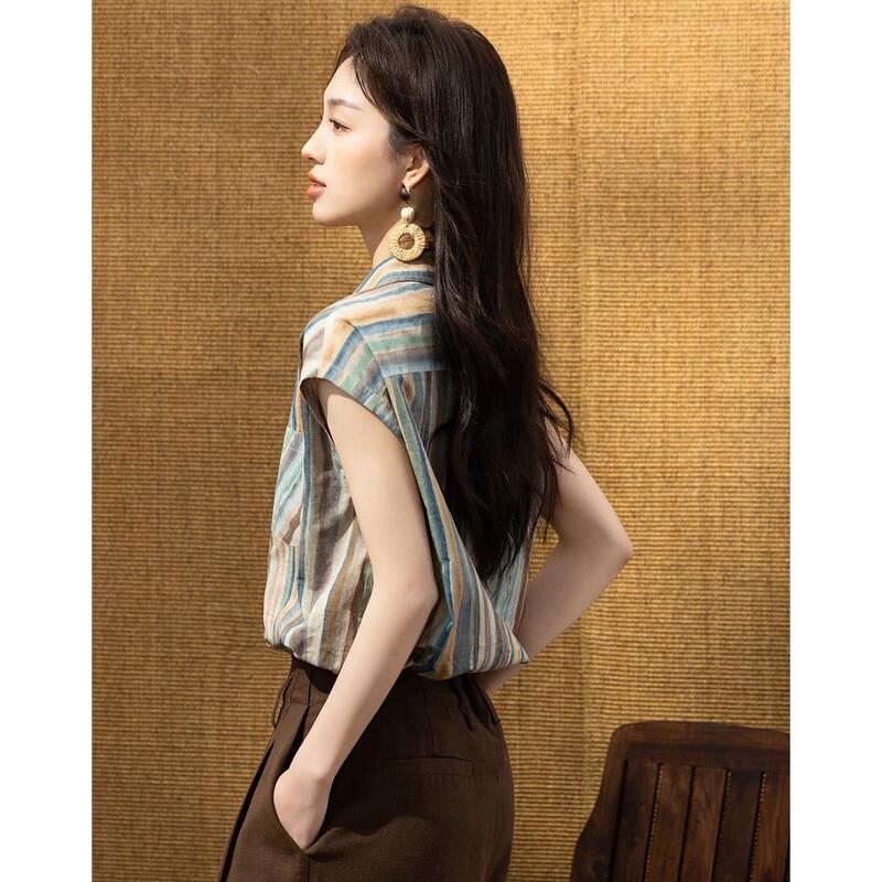 Demana Women's Urban Retro Striped Pure Cotton Lapel Short Sleeve Shirt