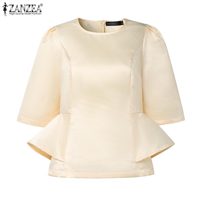 ZANZEA Women Summer Round Neck Ruffles Splice Casual Short Sleeve Blouse