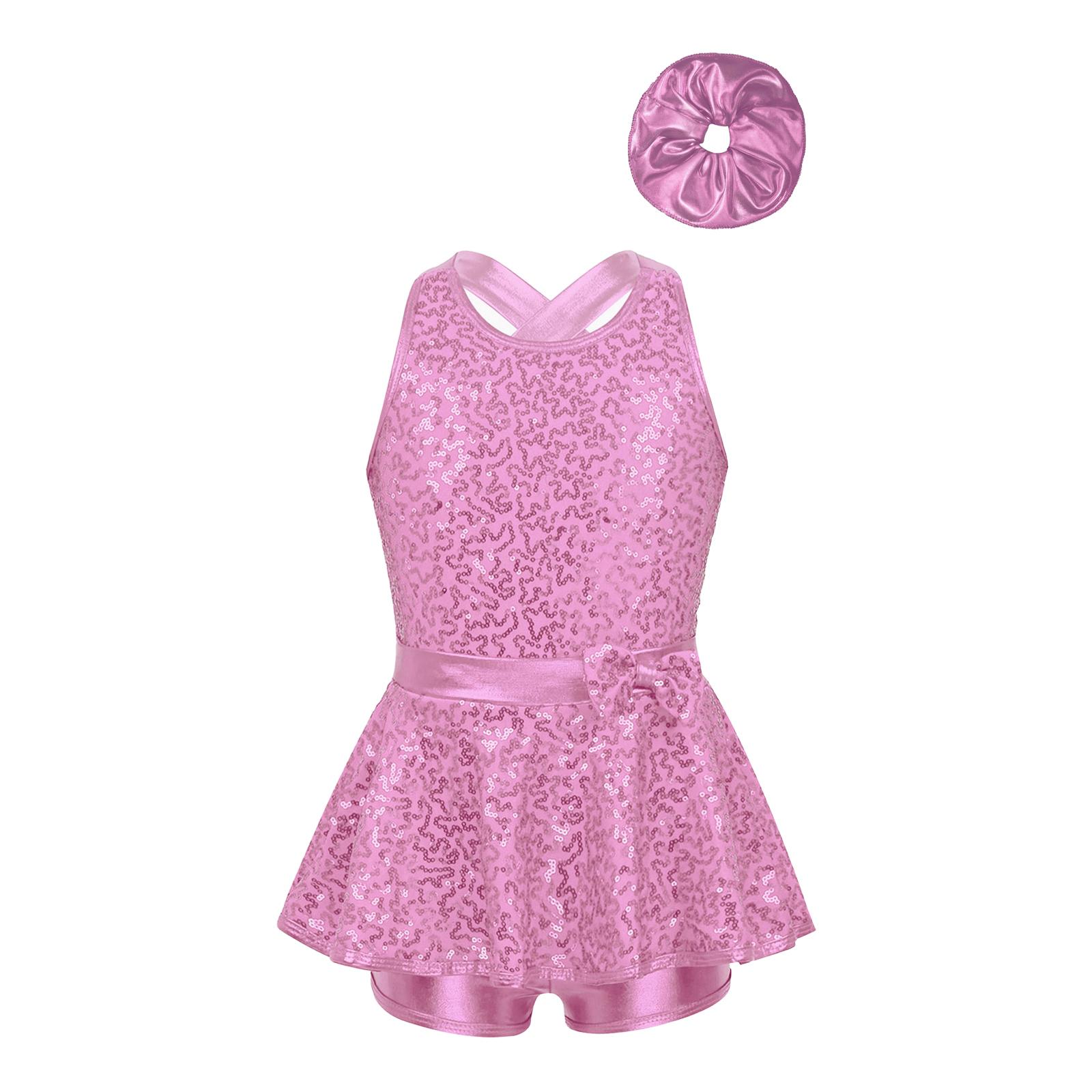 HULIJA Turnpakjes voor meisjes Glitter Ballet Dans Unitards Biketards Activewear met Haarband voor Kinderen 5-6 Years roze