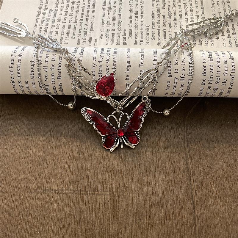 Gothic Red Crystal Butterfly Pendant Sliver Ghost Claw Short Choker Chain Necklace for Women Punk Y2K Charms Jewelry Accessories
