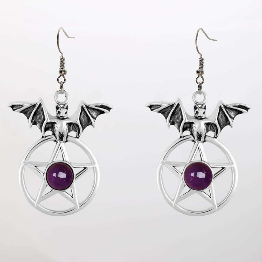 Goth Punk Sliver Color Vampire Bat Five-pointed Star Red Crystal Pendant Dangle Earrings for Women Halloween Party Witch Jewelry