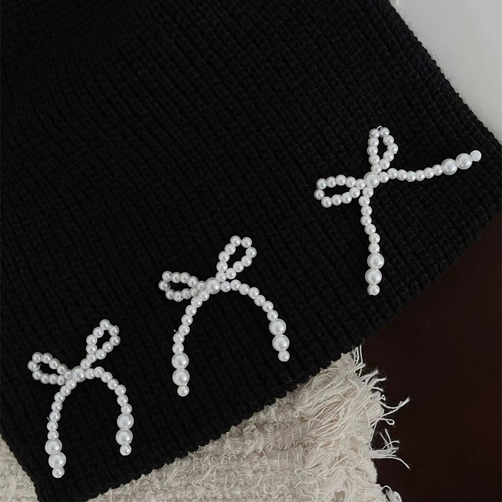Black Women Beanie Hat Jeweled Pearls Girls Hat Photo Props Versatile Bows Studded Hat for Autumn and Winter