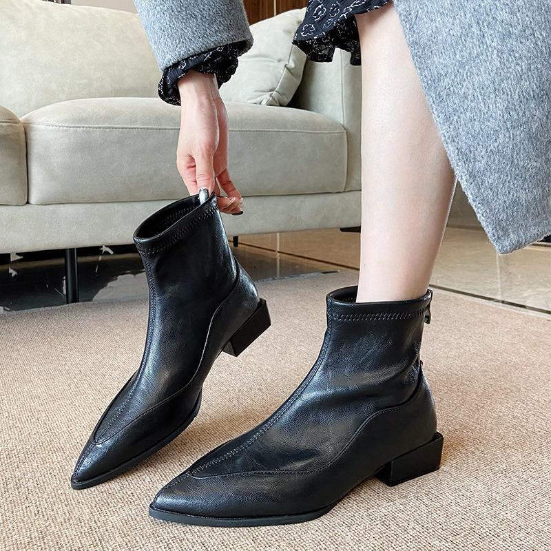 6810-1 French Pointed Short Boots Women's 2025 New Autumn and Winter Single Boots Fashion Thick Heel Thin Boots Martin Boots