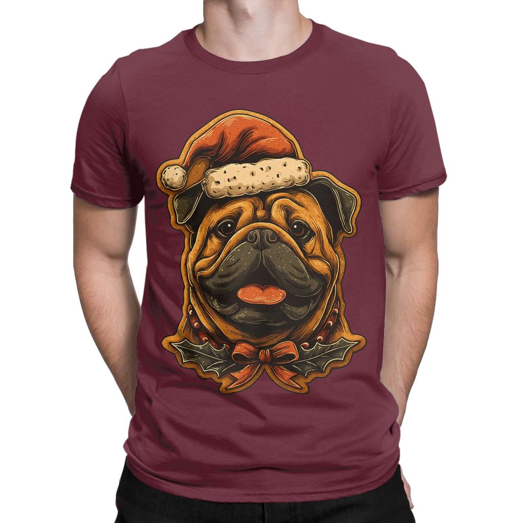 Streetwear T Shirt Summer Christmas British Bulldog with Santa Hat T-Shirts  Cotton Tshirt for Male Short Sleeve Top Tees