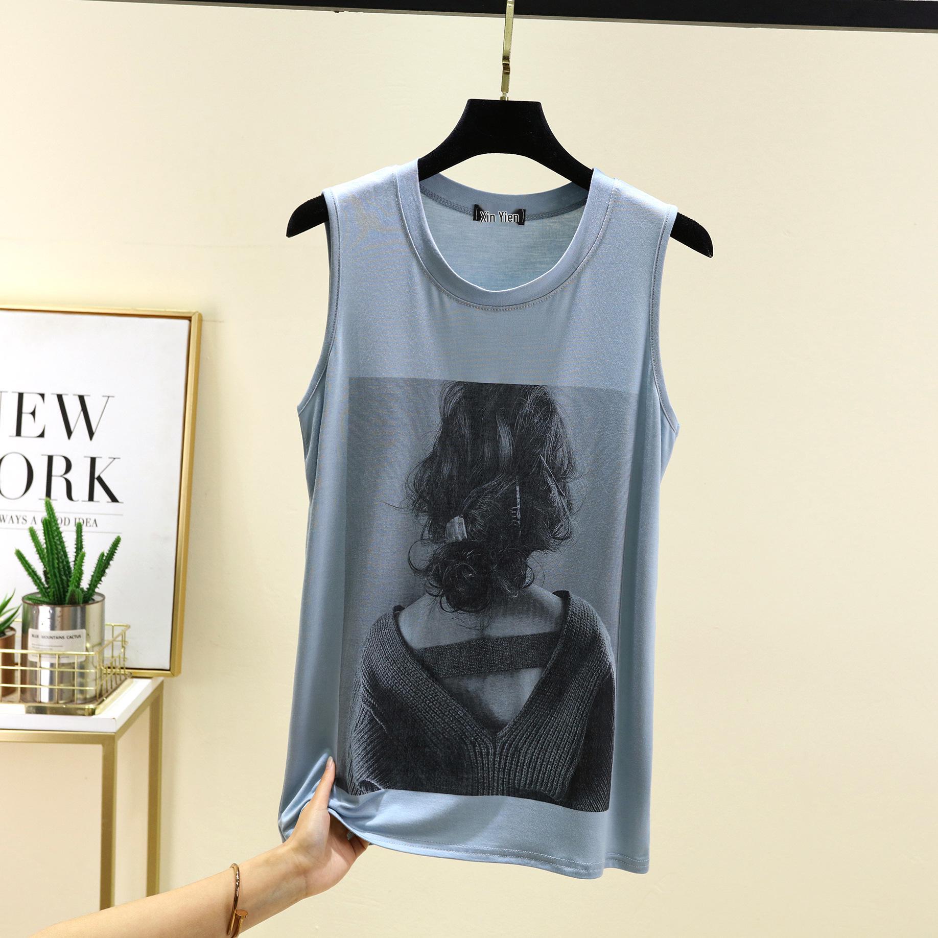 

Летний топ без рукавов с круглым вырезом из модала с принтом 6XL светло-синий