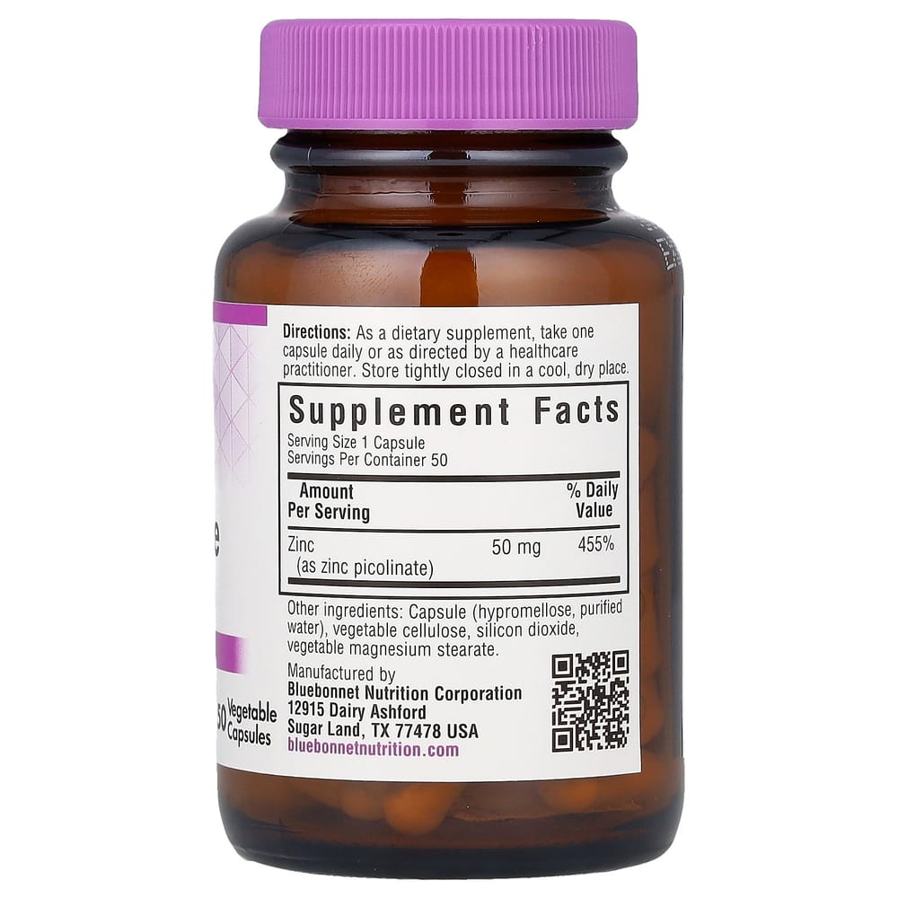 Bluebonnet Nutrition Zinc Picolinate 50mg Vegetarian Capsules, 50 Count