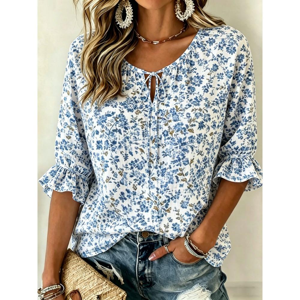 Damen Weiße Spitze Blumendruck Krawattenhals Bluse, Lässige Lockere Oberteile für Frühling Sommer Tägliche Kleidung & Urlaubsanlässe