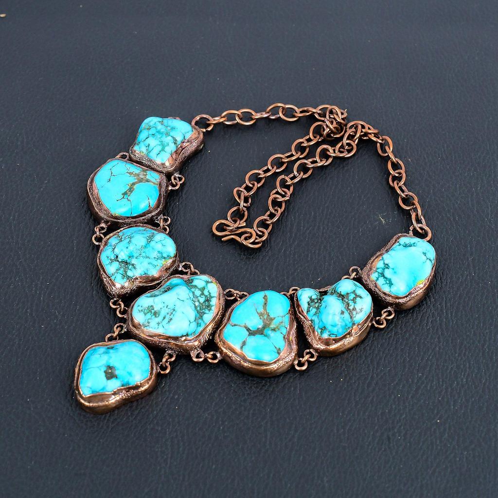 Turquoise Tumble Copper Electroformed Necklace with Adjustable Chain, Handmade Gemstone Jewelry Necklace For Memorial Day