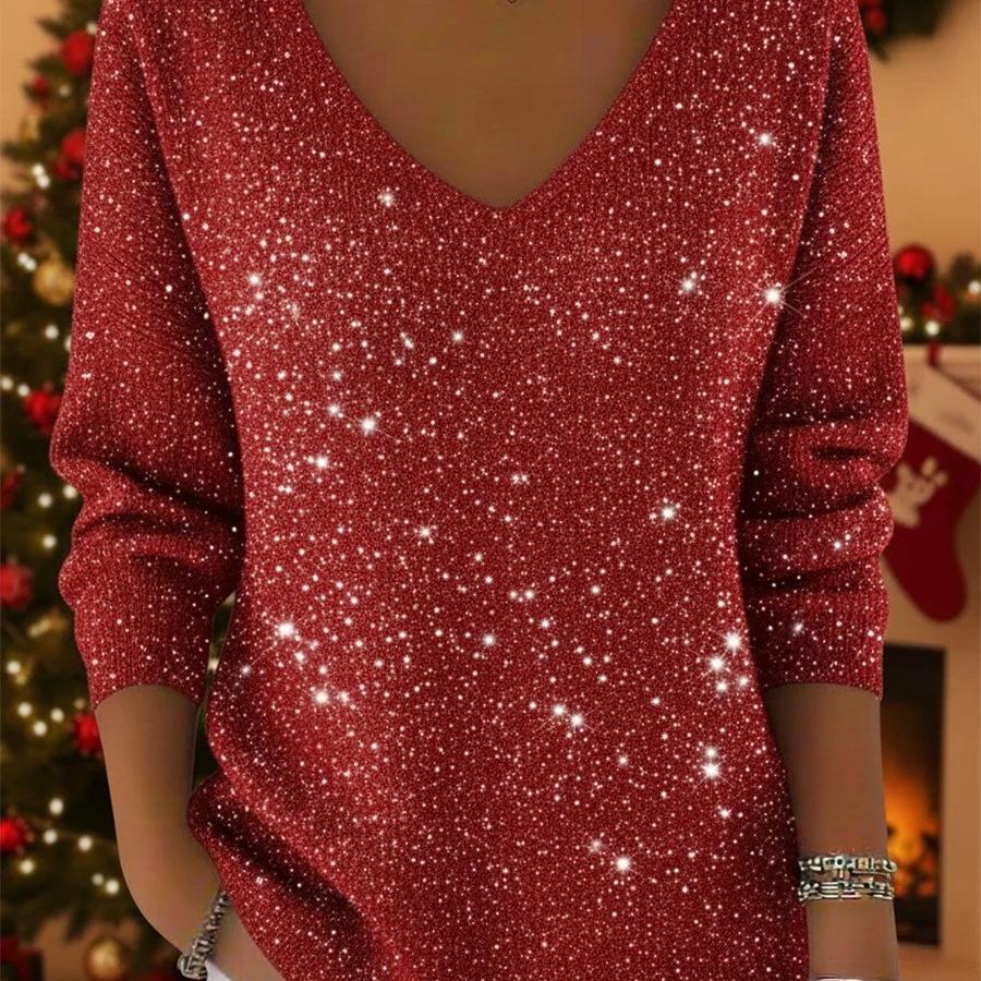 2025 Women's Autumn Winter V-neck Long Sleeve Casual Christmas T-shirt