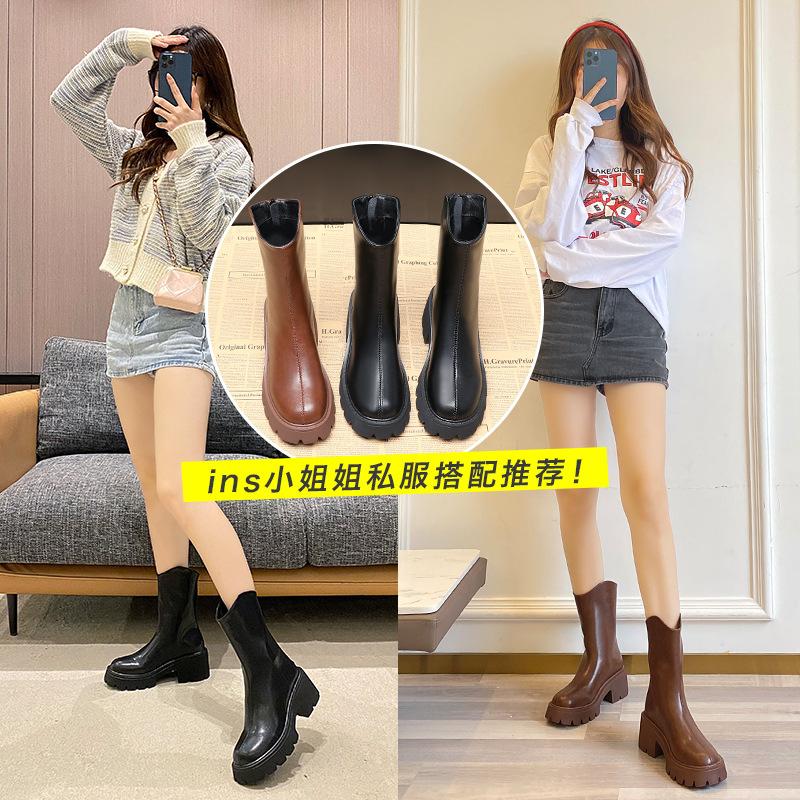 Brown Short Boots Women's 2025 Muffin Thick-soled Medium Tube Martin Boots Spring and Autumn Single Boots Thick Heel Thin Cigarette Tube Boots Incr