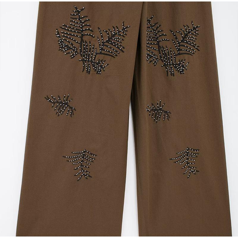 Mode Stickerei Hosen Frauen Retro Mittlere Taille Breite Bein Schnürhose Weibliche Sommer Herbst Lose Street Pant