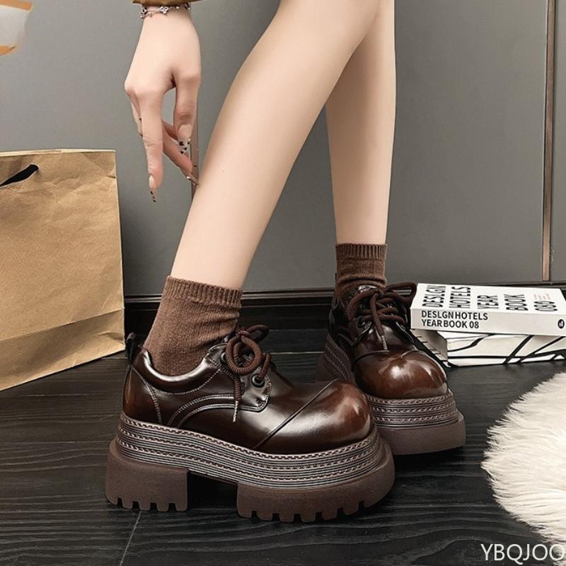 Autumn and Winter New Retro Thick Soled Height Increasing Loafers for Women with Sponge Sole Splicing Women's Single Shoes