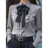New Autumn Plain-color Lace-up Bow and Ruffled Hem Design Blouse for Women