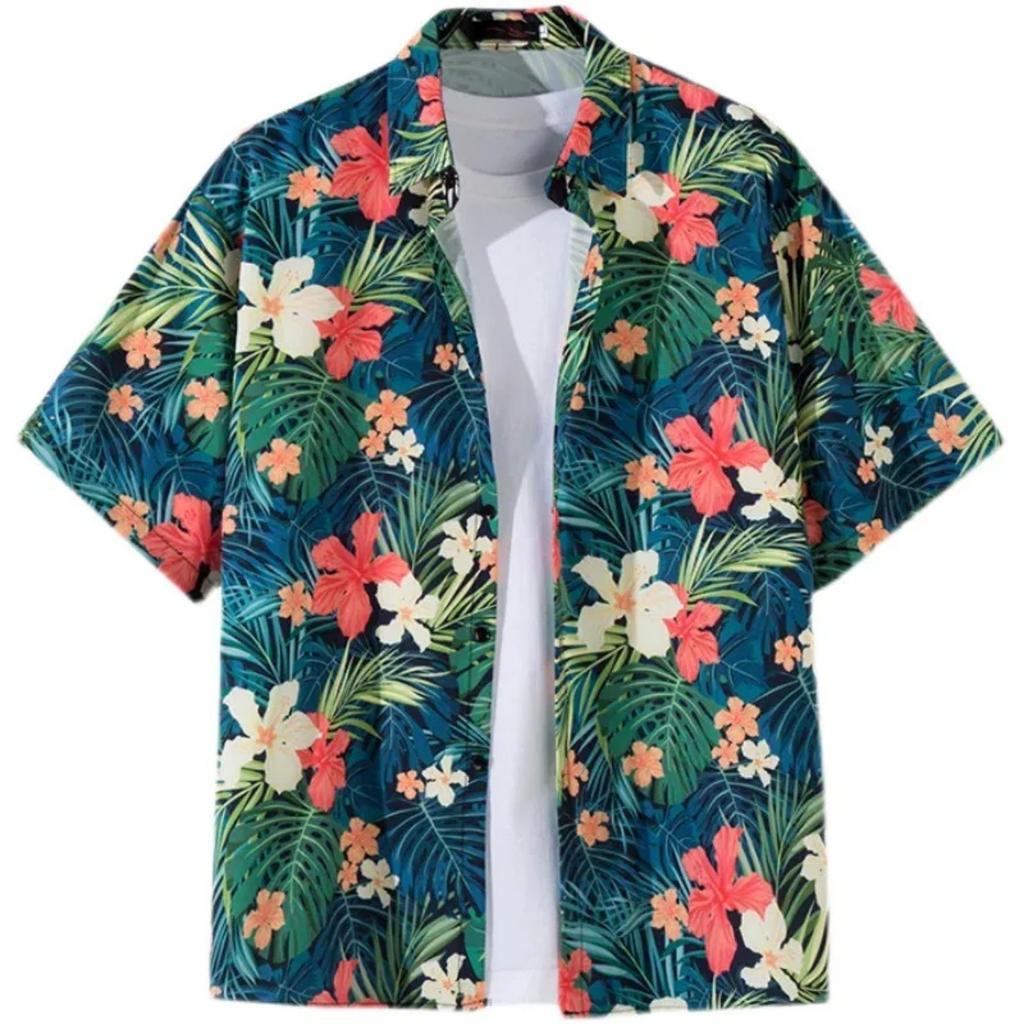 Hawaiian Beach Men's Short Sleeve Shirt with Plant Print Pattern Boy's Short Sleeve Lapel Casual