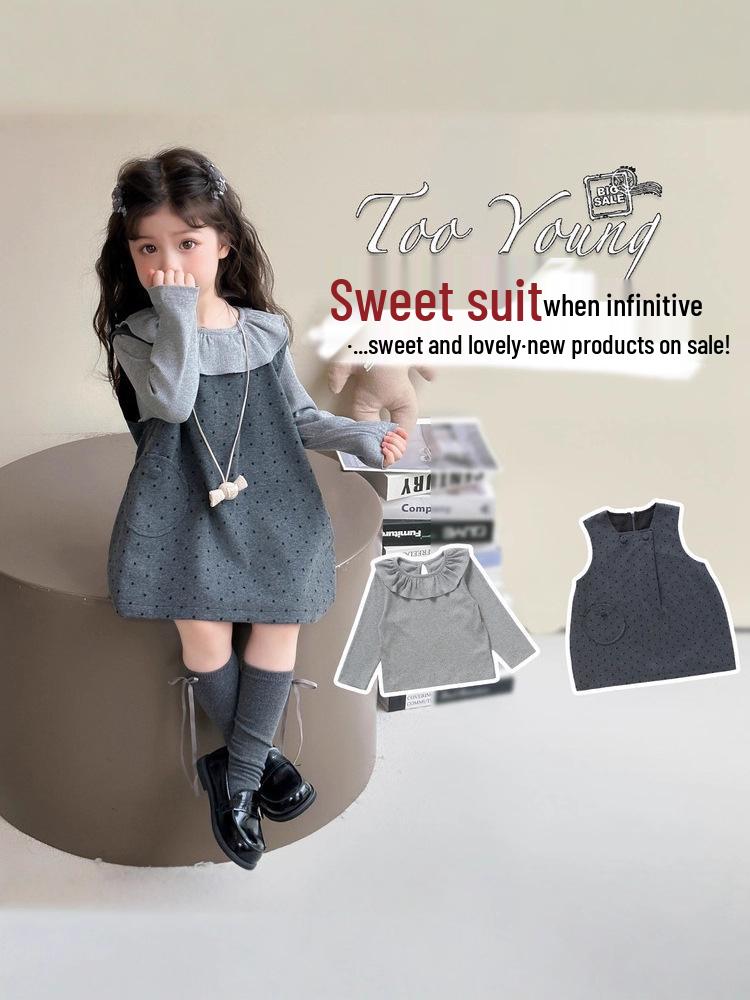 2025 New Fashionable Woolen Long Sleeve Two-Piece Autumn Dress Set for Baby Girls