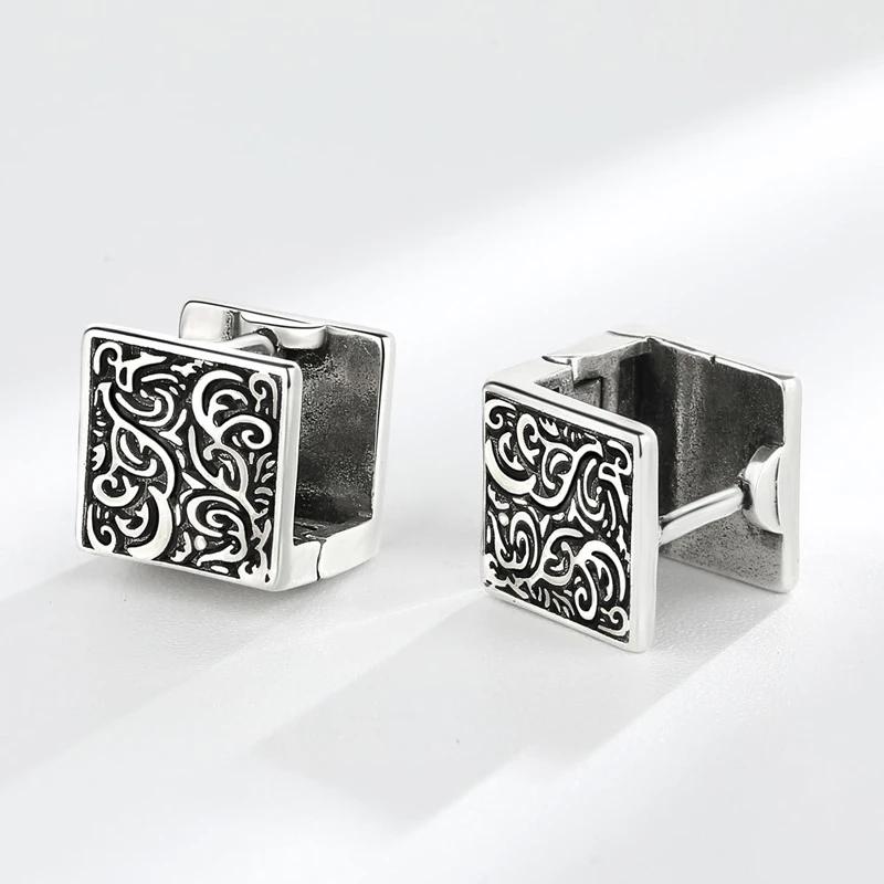 Vintage Ethnic Thai copper Square Hoop Huggie Earrings for Women Men Chic Pattern Square Earring Hip Hop Rock Rap Cool Jewelry