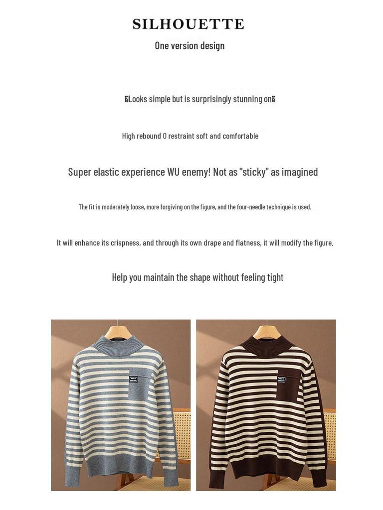 2025 Women’s Korean Style Striped Half High Neck Knitted Pullover Sweater