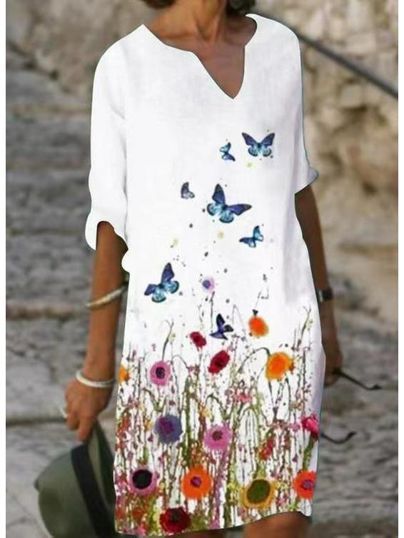 2025 Spring/Summer V-Neck Retro Print Dress for Middle-Aged Women