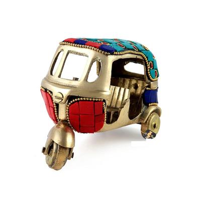 New Gemstone Work Vintage Style Brass Auto Rickshaw Miniature, Brass Decor Showpiece