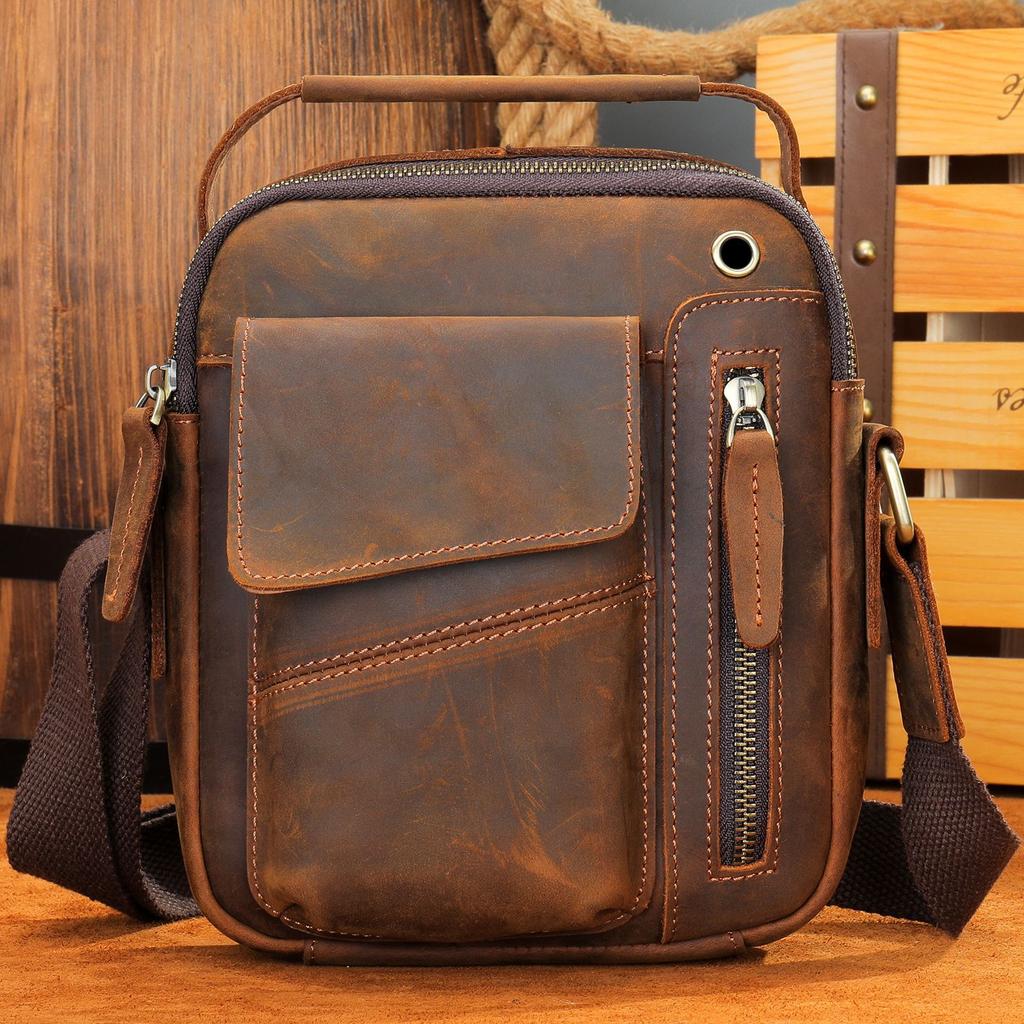 New Crazy Horse Leather Men's Bag Leather Vertical Men's Shoulder Bag Phone Small Bag Earphone Hole Small Men's Cross Shoulder Bag