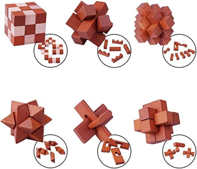 Kongming Puzzle Wooden Puzzle Time Killer 3D Puzzle Stress Relief Toy Set with Strategy Guide BM-STORE (Six Types)