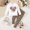 Girls Spring and Autumn Long Sleeve Mickey Mouse Print Pants Leopard Print Suit Cute