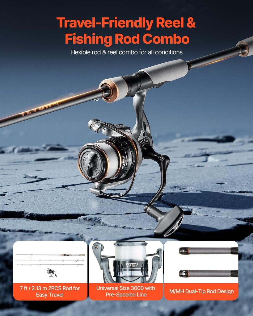 Rod and Fishing Reel Combo, IM7 Carbon Fiber Spinning Rod and Reel Combo, Bass Fishing Pole with 2.13m Two-Piece Rods, 7+1 Ball Bearings, EVA Handle,