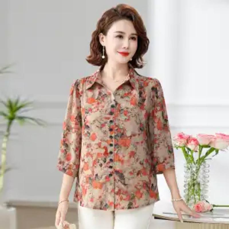 Women's Floral Print 3/4 Sleeve Blouse Turn-Down Collar Button Down Casual Loose Elegant Summer Tops Middle-Aged