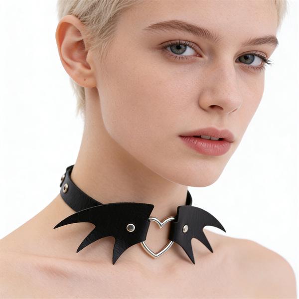 Unisex European Punk Black Leather Choker with Metal Chain and Lock Pendant.