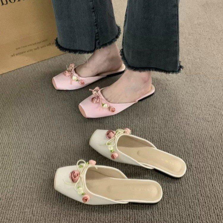 

Sweet flower baotou half-drag fashionable flat-bottomed cool slippers 35 розовый