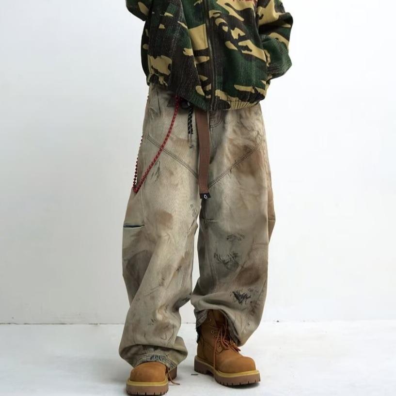 

Старые джинсы High Street Retro Washed Tie-Dyeed для мужчин и женщин, осенние прямые широкие брюки с высокой талией, до пола S коричневый
