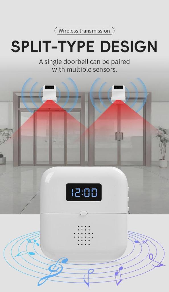 Smart Infrared Sensing Doorbell with Time Display, Multiple Ringtones, and LED Flash Reminder.