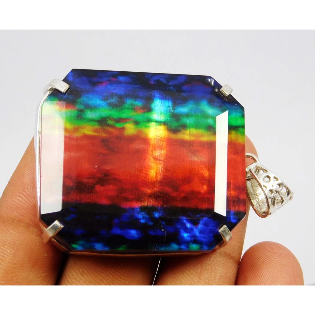 CERTIFIED 141 Ct Natural Ammolite Pendant 925 Solid Silver Emerald Cut Gemstone