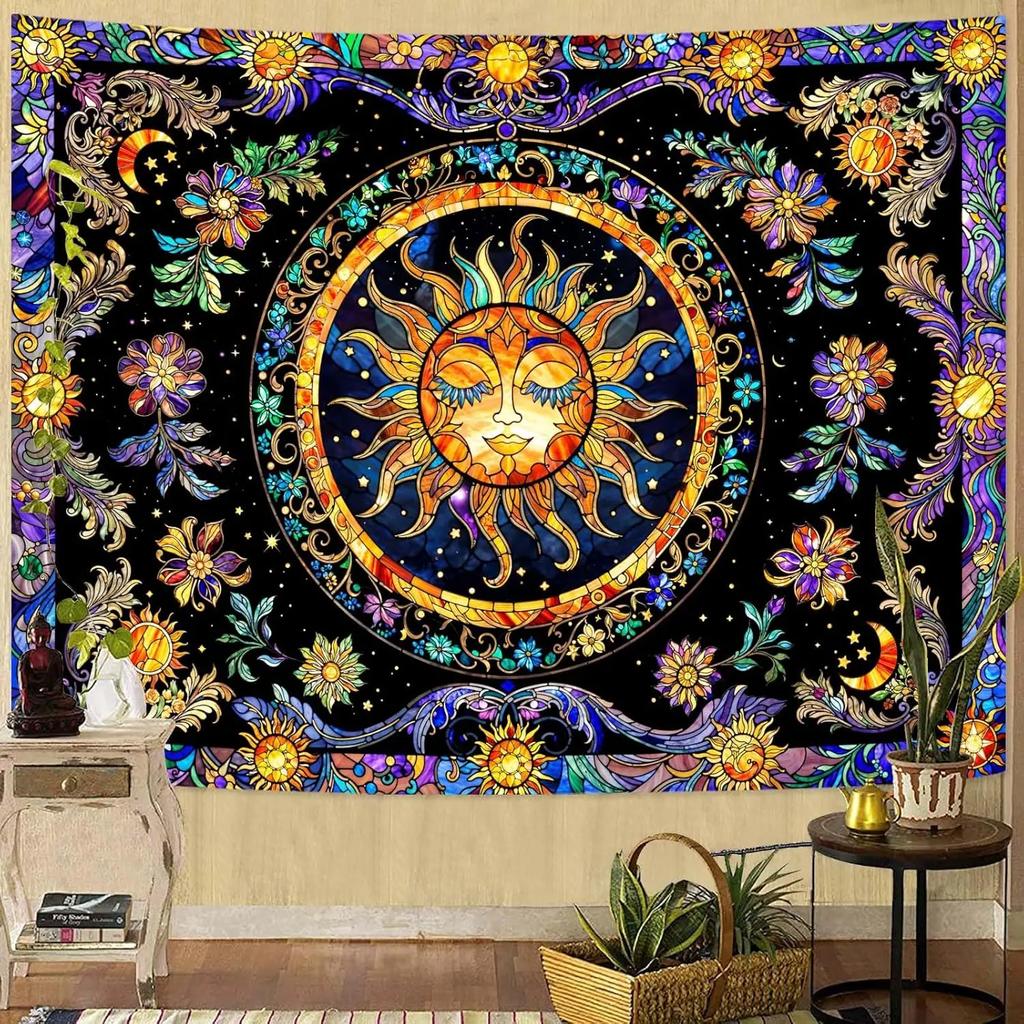 VIKAMA Bemaltes Glas Lebensbaum Wandteppich Vintage Bunte Blätter Böhmischer Kunststil Wohnzimmer Raum Heimdekoration