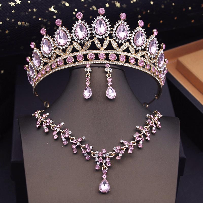 Luxury Purple Bridal Jewelry Sets for Women Choker Necklace Earrings With Crown Wedding Bride Set Costume Accessories