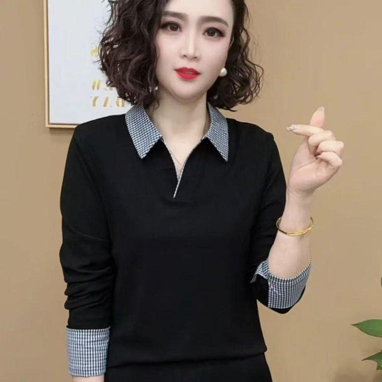 2026 Spring/Autumn Elegant Color Block Plaid Lapel T-Shirt