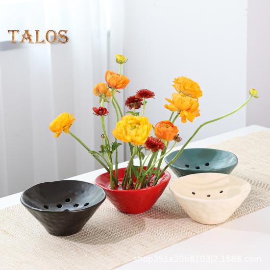 Ceramic Flower Frog Bowl Japanese Ikebana Vase Floral Arrangement Holder Desktop Flower Pot for Home Office Wedding Festivals