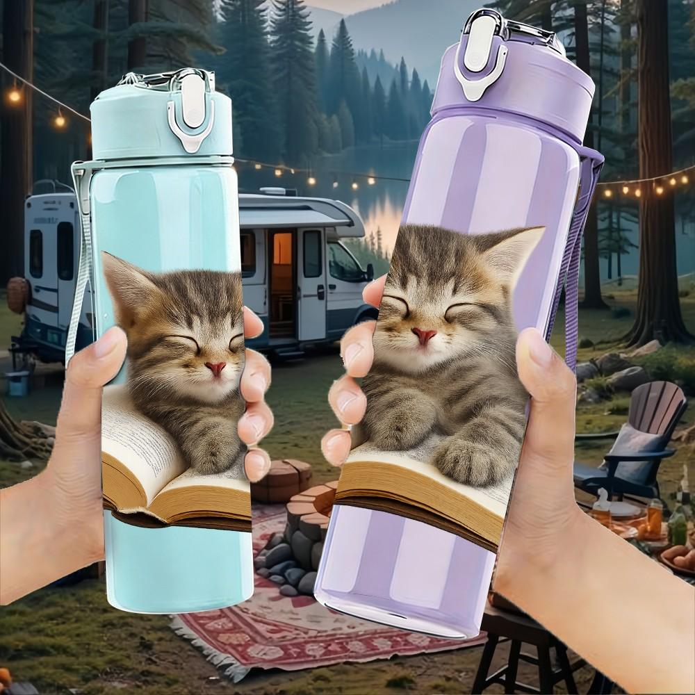 1PC Cat Reading Open Book Print 750ml Color Plastic Sports Water Bottle Leakproof Flip Straw Lid Suitable for Sports Office Home Use