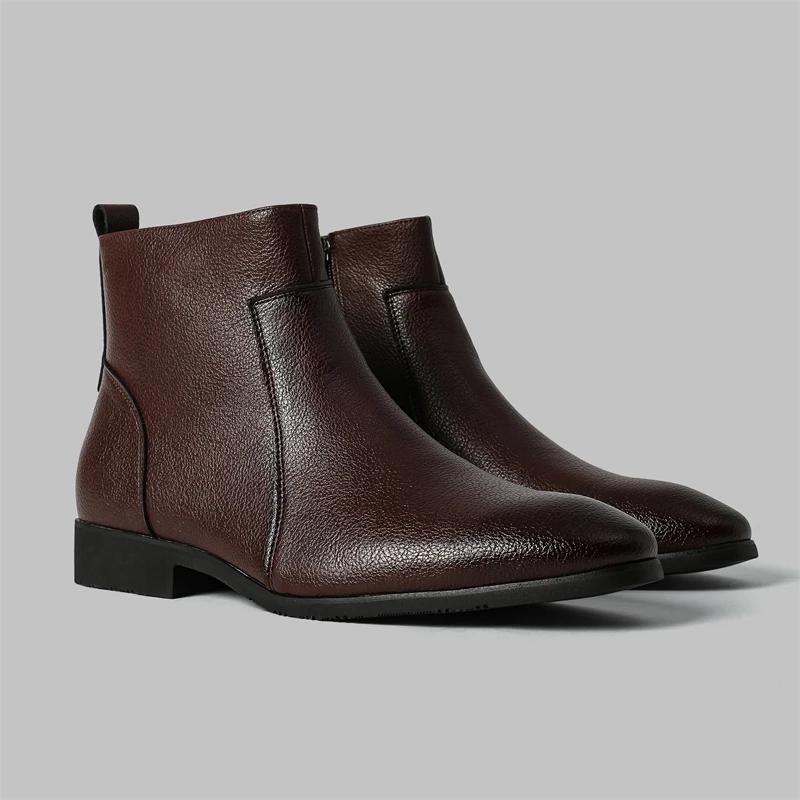 Autumn New Men Minimalist Slim Fitting Soft Leather Boots with European American Pointed Business Office Side Zipper Short Boots