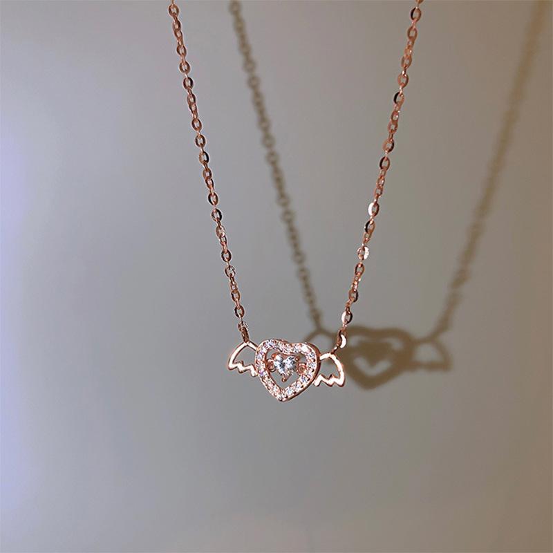 S925 Sterling Silver Angel Heart Necklace for Women - Cupid s Wings Clavicle Chain, Qixi Valentine s Day Gift 925 Silver розового золота