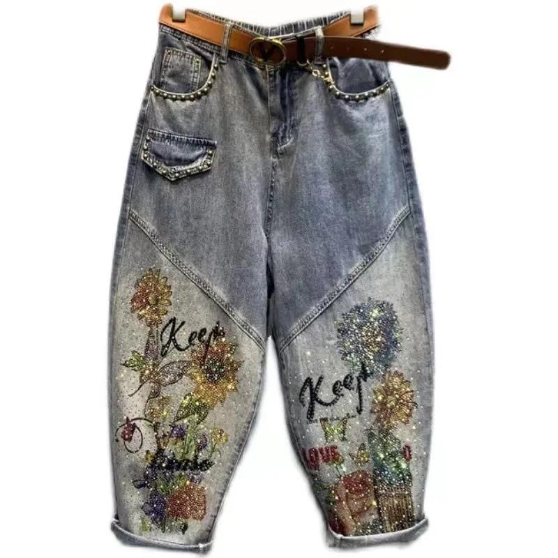 

Модные женские повседневные джинсовые шаровары с буквенным принтом в стиле пэчворк, свободные джинсы размера плюс M синий