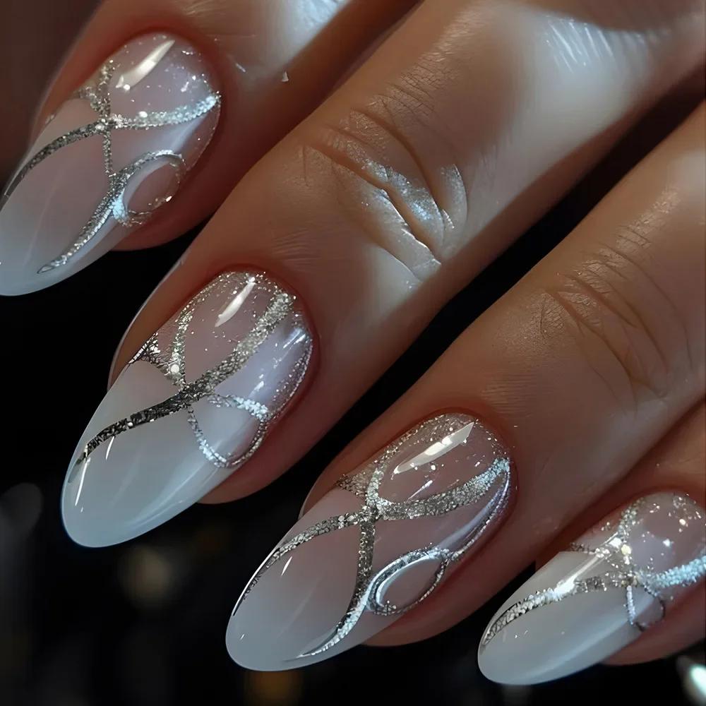 24Pcs Christmas Press on Nails White Snowflake Fake Nails French Almond Glitter Artificial Nails Full Cover Nail New Year Gifts