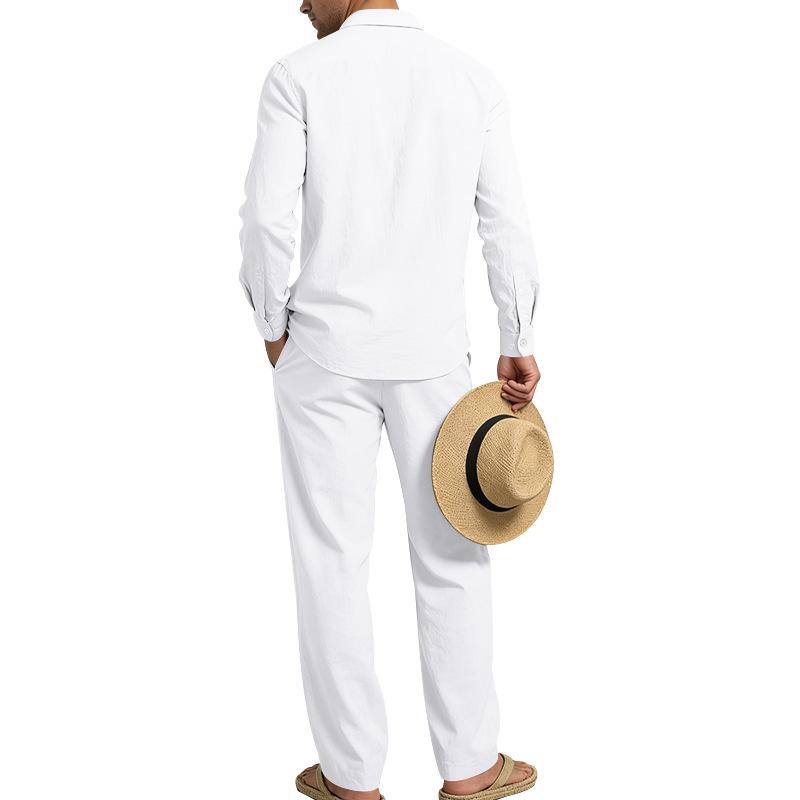 2026 European Men's Casual Loose Linen Lapel Shirt & Long Pants Set - Breathable Cotton Blend