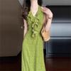 Women's Green Floral Halter V-Neck Sleeveless Long Dress - Summer 2025 Collection