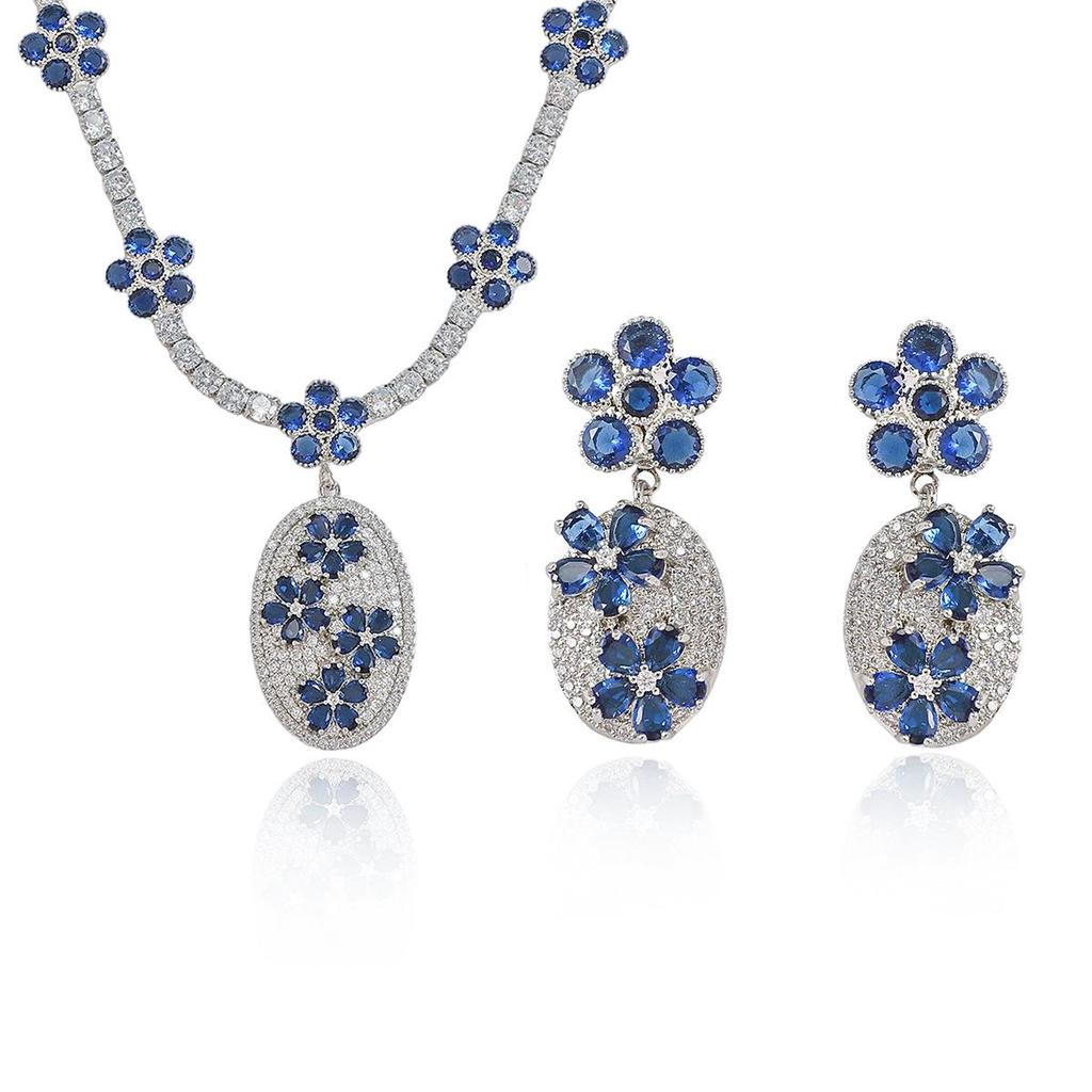 European & American Style Women's Zircon Necklace & Flower Pendant Clavicle Chain Earring Set